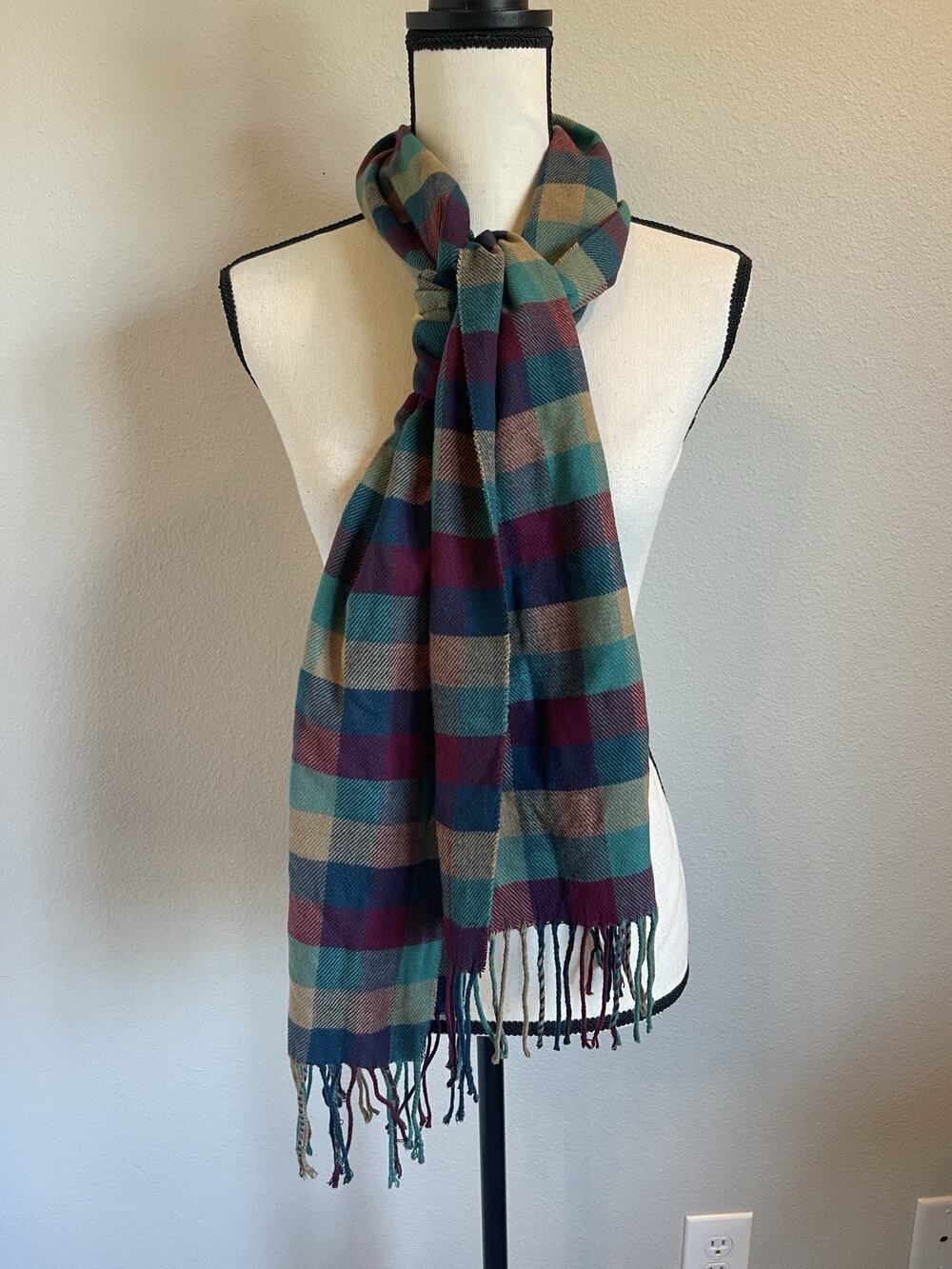 Scottish 100% Cashmere Coed Burgundy & Teal Plaid Rectangle Scarf